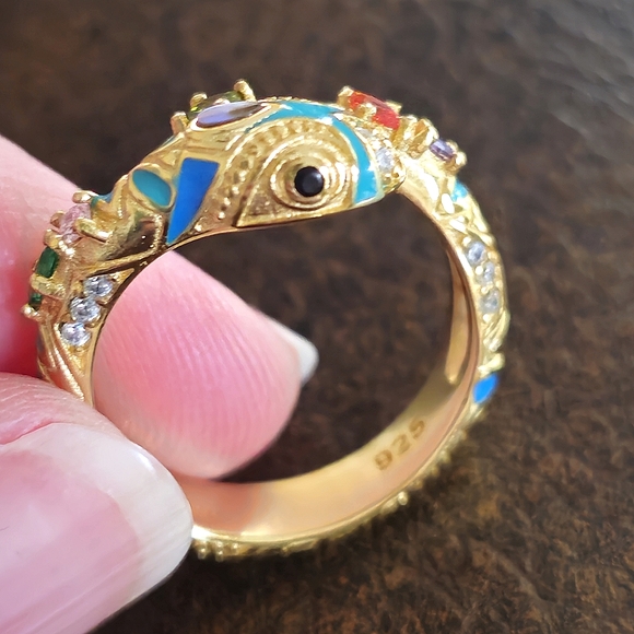 18KT GOLD/925 STERLING SILVER TURQUOISE DIAMOND EMERALD SNAKE ADJUSTABLE RING - Picture 14 of 16